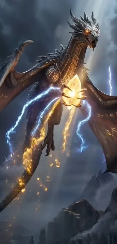 Majestic dragon flying through stormy lightning-filled sky.