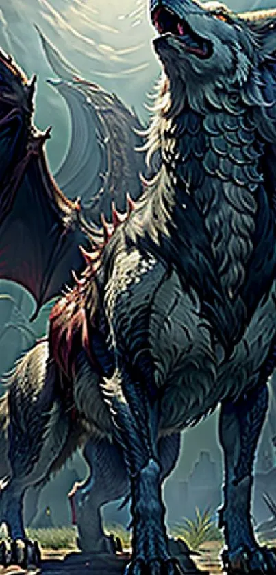 Majestic dragon-wolf in a fantasy forest.
