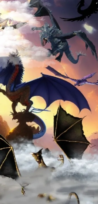 Epic dragons soaring in vibrant sky.