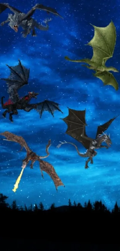 Dragons flying under a blue starry sky at night.