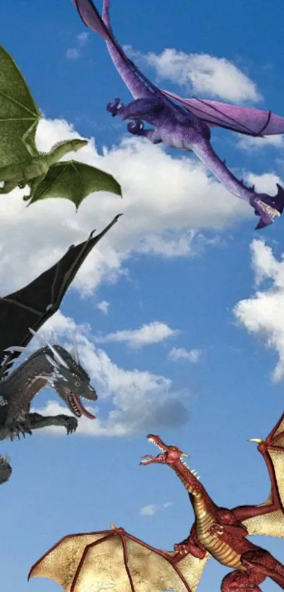 Dragons soaring in a clear blue sky with clouds, creating a mythical scene.