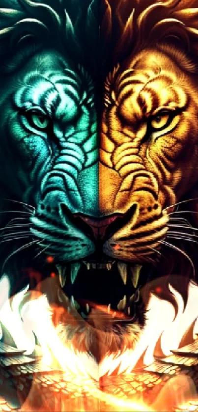 Dynamic mobile wallpaper of fierce blue and orange lions with intricate detail.