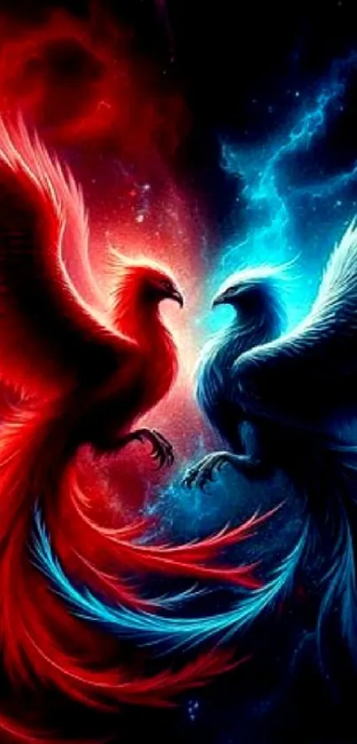 Vibrant clash of red and blue phoenixes in an awe-inspiring mobile wallpaper.