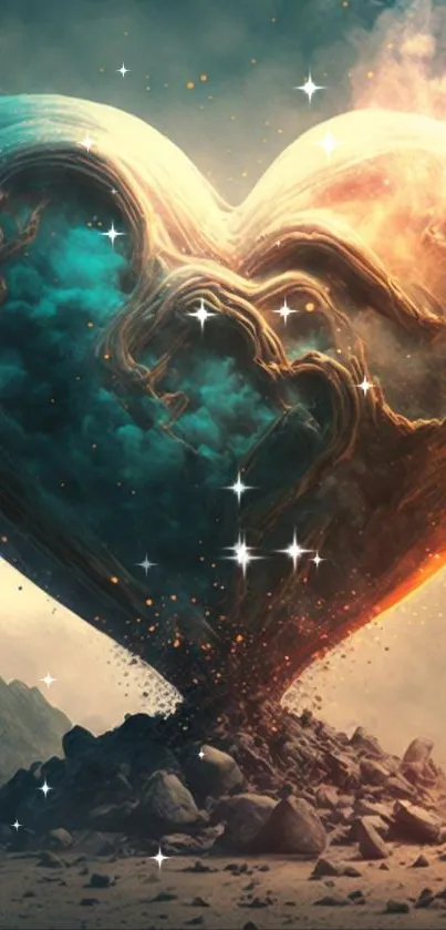 Epic dual-toned heart on cosmic background wallpaper.