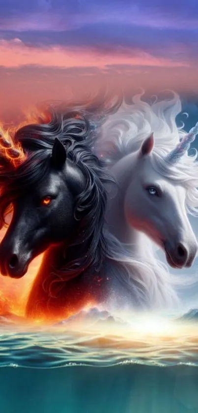 Epic fantasy wallpaper with dual unicorns in contrasting elements.