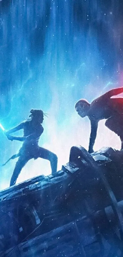 Epic lightsaber duel in space with vivid blue and red hues.