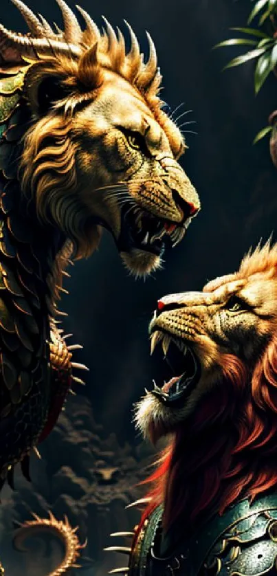 Armored mythical lions in an epic standoff.