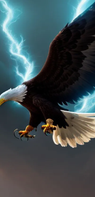 Epic wallpaper with eagle and warrior beneath dramatic lightning in fantasy landscape.