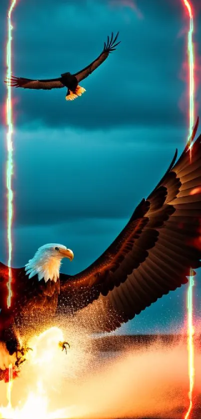 Eagle soaring dramatically over flames with a dark cyan sky backdrop.