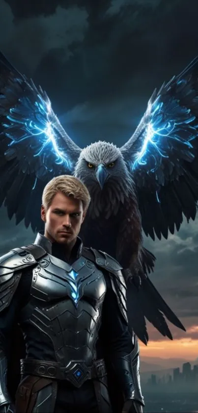Armored hero with eagle and glowing wings.
