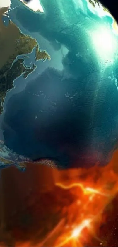 Artistic depiction of Earth and cosmos with teal and fiery orange tones.