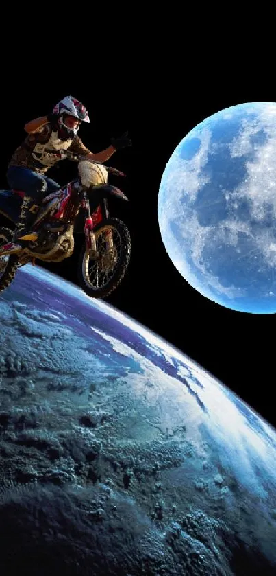 Motorcyclist jumps over Earth with moon and sun in space wallpaper.