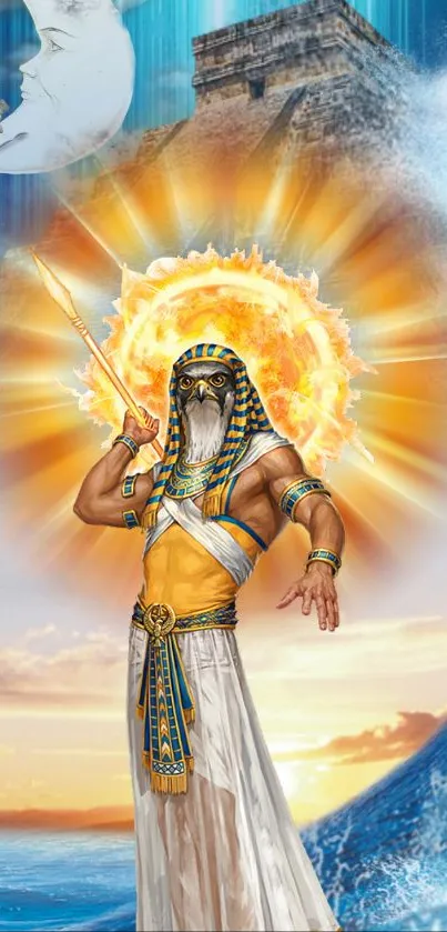 Egyptian god with golden aura and ancient backdrop