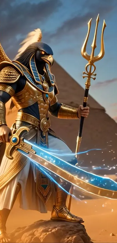 Epic warrior with trident and sword in Egyptian setting.