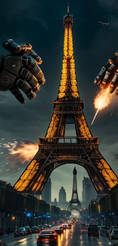 Eiffel Tower with robotic hands in a dynamic night scene wallpaper.