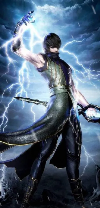 Epic warrior with electric power under a stormy sky in fantasy wallpaper.