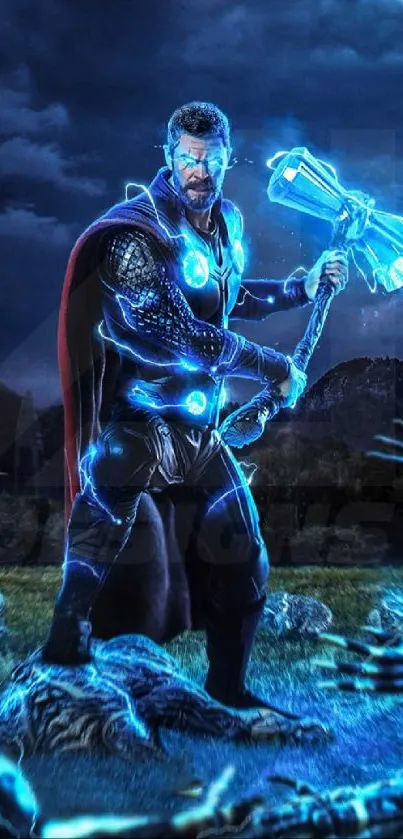 Epic electric warrior with glowing blue elements in a dynamic pose.