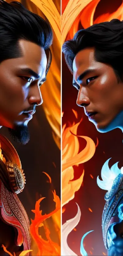 Epic clash of fire and water warriors in vibrant wallpaper design.