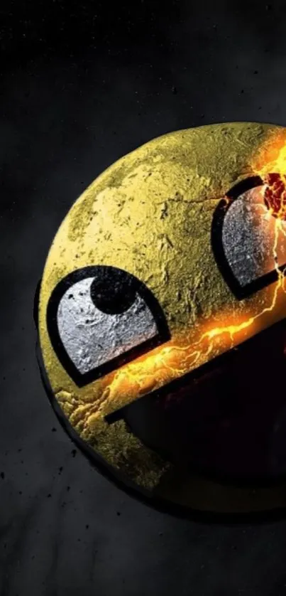 Epic cracked emoji on a fiery dark background, perfect for phone wallpaper.