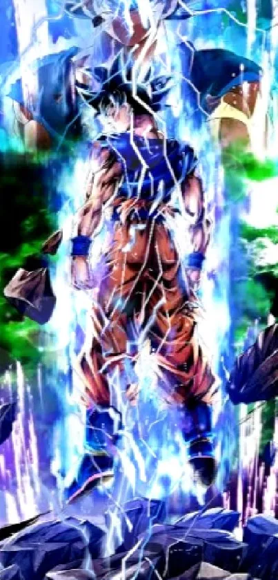 Anime character with energy bursts in vibrant blue and green hues.