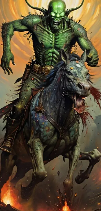 A mythical green figure riding a horse in a fiery, epic fantasy art scene.