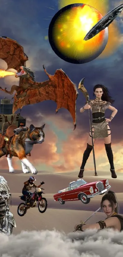 Epic collage of dragons, warriors, and futuristic elements in a desert sky setting.