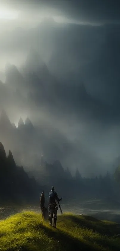 Epic fantasy landscape with misty mountains.