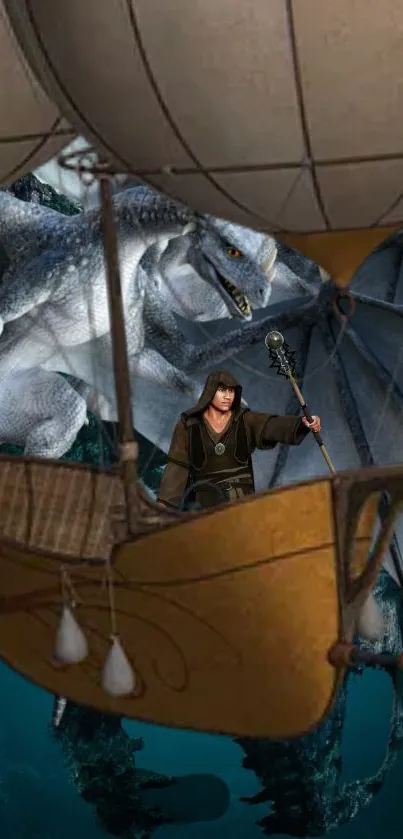 Mage on airship with dragon in fantasy scene.