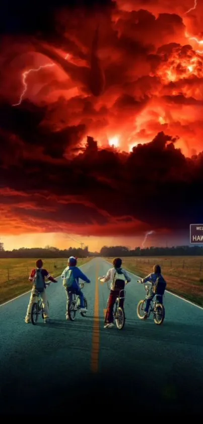 Cyclists on a road under a fiery red sky with dramatic clouds.