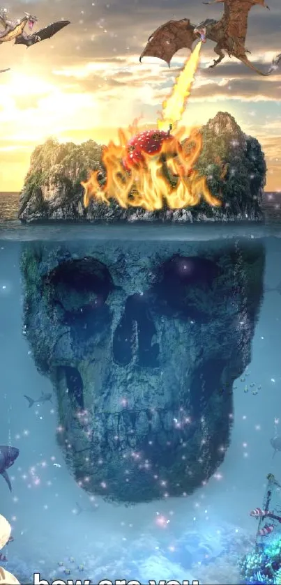 Fantasy wallpaper with dragons, skull island, and underwater mystery.