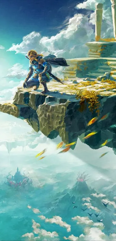 Epic fantasy wallpaper with hero on a cliff under vibrant sky.