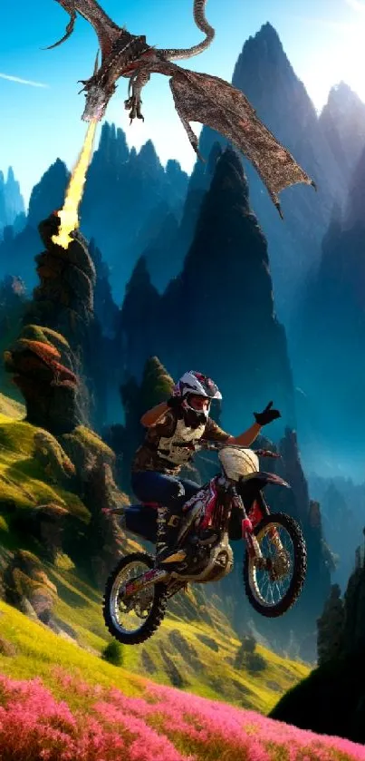 Fantasy landscape with motorbike and dragon in vibrant colors.
