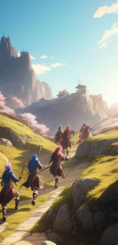 Fantasy warriors journeying towards a mystical castle.