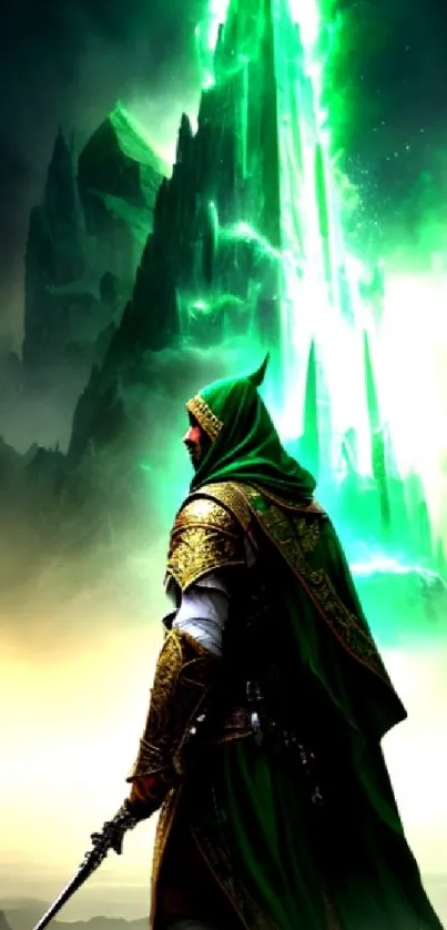 Fantasy wallpaper with cloaked hero, glowing green mountains.