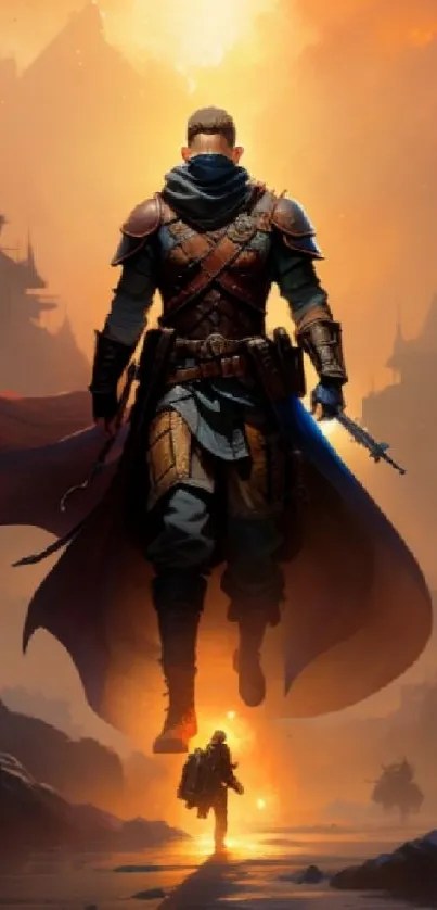 Epic fantasy adventure mobile wallpaper featuring a heroic figure in armor.