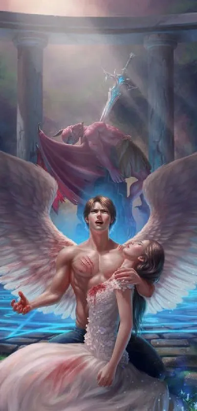 Epic fantasy artwork featuring a dramatic angel with luminous blue wings.