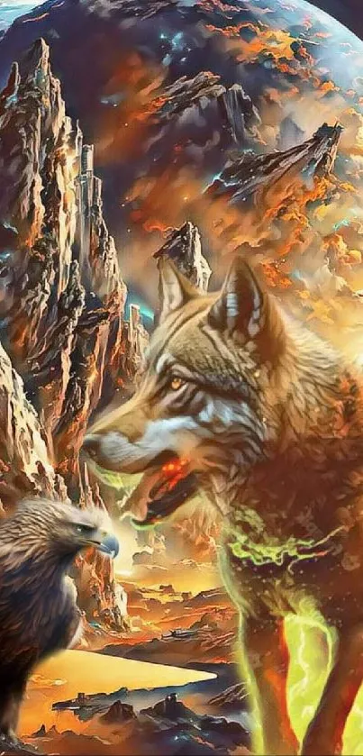 Epic fantasy landscape with wolf and eagle under celestial skies.