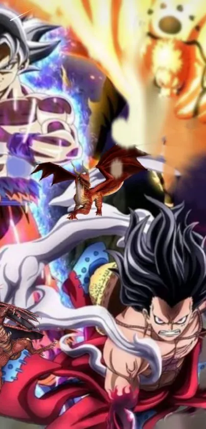 Epic anime battle featuring dragons and characters with vibrant energy effects.