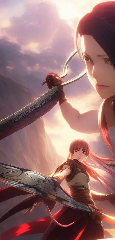 Epic anime warriors in dramatic sunset scene.