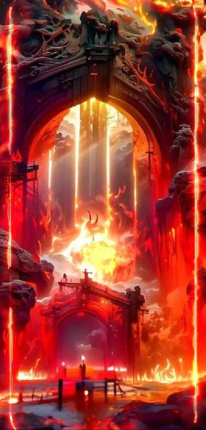 Epic fantasy archway with fiery sky and dramatic lighting.