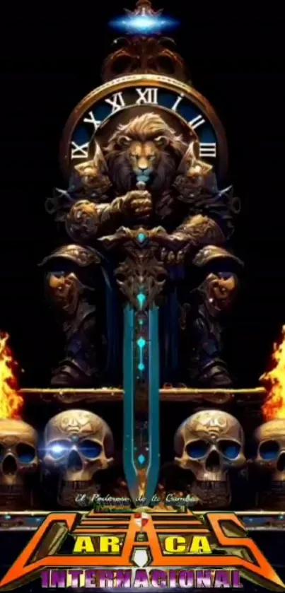 Epic lion throne fantasy art wallpaper with clock and flames.