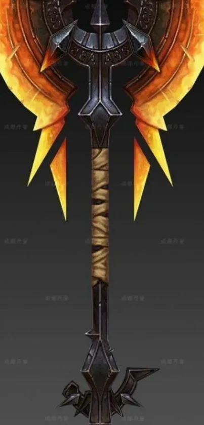 Epic fantasy axe with orange flames on a dark background.