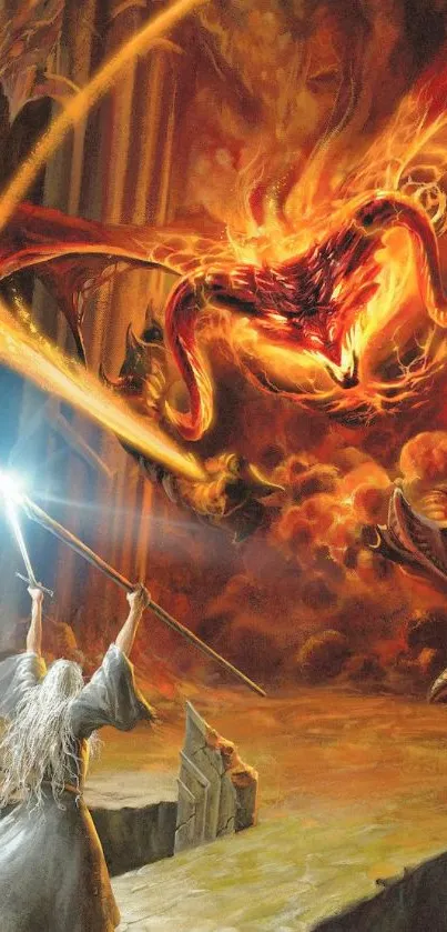 Wizard battles dragon in fiery cavern setting.