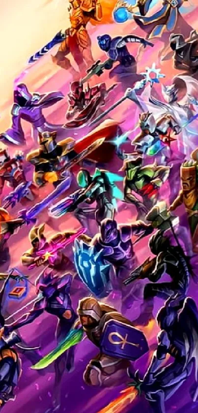 Vibrant fantasy battle scene wallpaper for mobile, featuring colorful warriors.