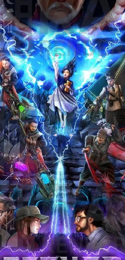 Epic fantasy battle wallpaper with heroes and energy bursts.