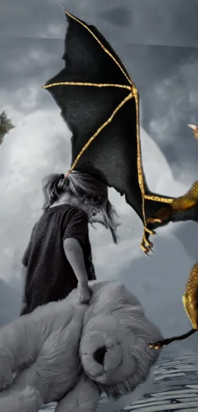 Epic fantasy scene with warrior, dragon, and moonlit sky.