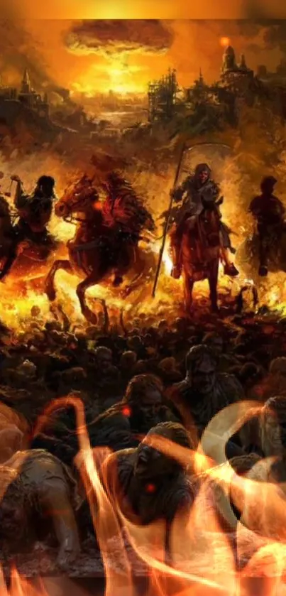 Epic fantasy battle scene with fiery riders.