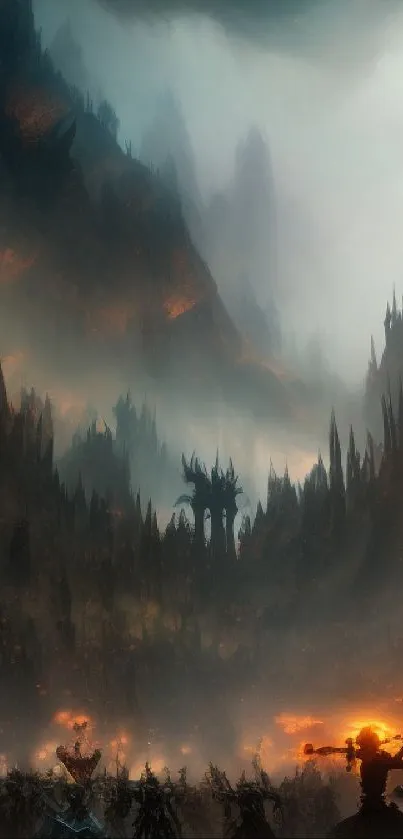 Epic fantasy battle scene with fire and dark mountains in a mystical setting.