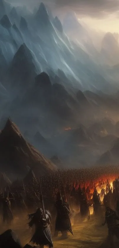 Epic fantasy battle scene with mountains and sunset.