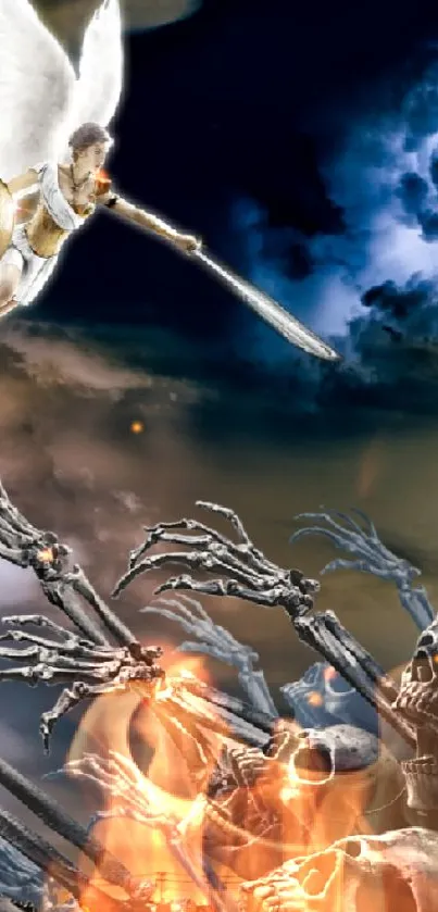 Epic fantasy wallpaper with angel battling skeletons and lightning.